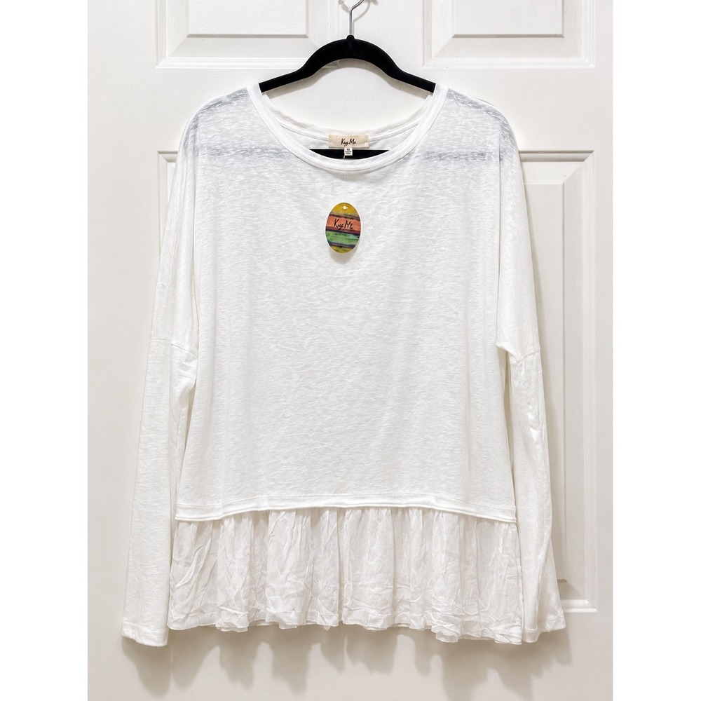 Kye Mi Womens White Ruffle Peplum Hem Long Sleeve Top Blouse Size M NWT Boho